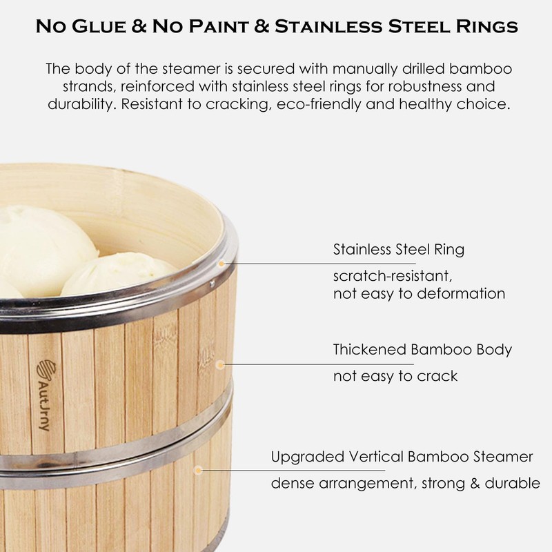 AutJrny 11.8-Inch Vertical Bamboo Steamer Basket, 2-Tier with Stainless Steel