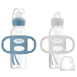 Dr. Brown's Milestones Narrow Sippy Spout Bottle with 100% Silicone, Easy-Grip Handles and Soft Sippy Spout, 8oz/250mL, Light-Blue and Gray, 2-Pack, 6