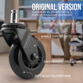 Stealtho Original Office Chair Wheels Set of 5 - Protect Hardwood Floor & Carpet - Heavy Duty Replacement Casters - Black Soft Polyurethane - Standard Fit 7/16" x 7/8"