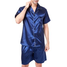Men's Satin Pajamas Short Button-Down Pj Set Sleepwear Loungewear (Blue/White, M)