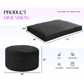 Hobestluk Bean Bag Chair 3 in 1 Beanbag Chairs for Adults, Large Bean Bags with Removable Velvet Cover, Convertible Adult Bean Bag Chair for Living Room, Bedroom, Playroom (Black, Twin)