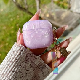 PHOEACC for Airpod 4 Case Cute Luxury Dream Marble Protective Cover with Glitter Shell Pearl Keychain Compatible with AirPods 4th Generation Case 2024 for Girls Women (Purple)