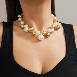 Chunky Gold Bead Necklaces for Women Thick Bold Necklace Gold/Silver/Pearl Statement Choker Necklaces Punk Big Ball Necklace Jewelry Christmas Bead Necklace (GoldPearl)
