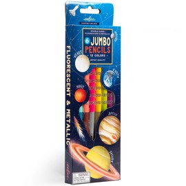 eeBoo: Jumbo Double-Sided Colored Pencils – Our Planets - 6pc Set, 12 Metallic & Fluorescent Colors, Sharpener, Chunky Foil Barrel, Kids Art Supplies