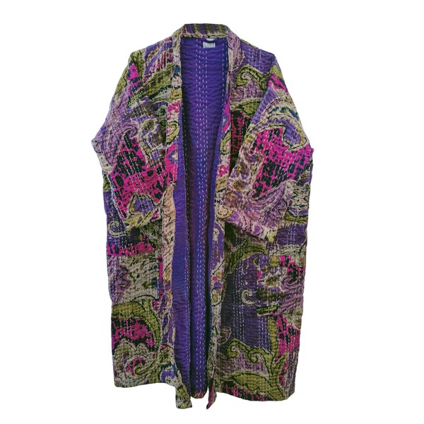 Pranipat Handicrafts Kantha Kimono, Abstract Print Cotton Jacket, Purple, Handmade
