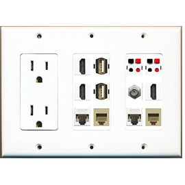 RiteAV (3 Gang 15A Outlet 3 HDMI Coax 2 Cat5e 2 Phone 2 Speaker Jack 2 USB Wall Plate