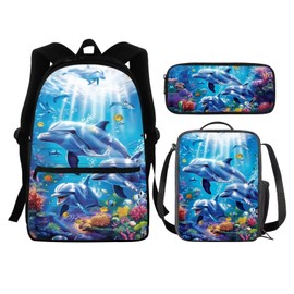 Tongluoye Dolphin Bookbag and Lunch Bag Set for Boys Girls 8-10/10-12 Kids School Bags Middle High School Backpacks Pencil Case Insulated Lunch Box Set 3 In 1 Children Bookbag Causal Daypack