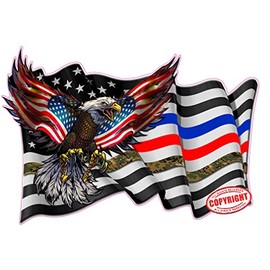 Thin Green Blue Red Line First Responders Waving American Flag Eagle Decal (18" x 12")