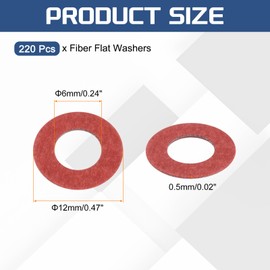 sourcing map 220 Pcs M6 Fiber Flat Washers, Insulation Plain Washer 6mm ID 12mm OD 0.5mm Thick Red Steel Paper Gaskets for Machinery Fastener Plumbing General Repair