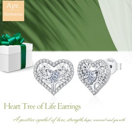 LAVUMO Earrings 925 Silver, Hypoallergenic Tree of Life Heart Earrings Women, 5A Zircon Birthstone Jewellery, Ideal Birthday Gift for Women, Girlfriend, Mum, Valentine's Day, Mother's Day, Christmas,