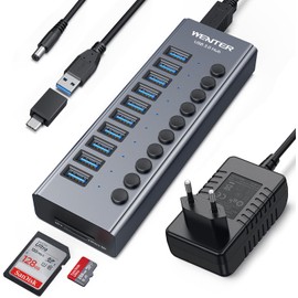 WENTER Hub USB 3.0 con alimentación, 10 Puertos 36 W, Divisor USB de Aluminio con interruptores Individuales de Encendido/Apagado, lectores de Tarjetas SD/TF y Adaptador de Corriente de 12 V/3 A para