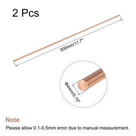 sourcing map 4mm Diameter 300mm Length Solid Copper Round Rod Lathe Bar Stock for DIY Craft CNC Cutting Pack of 2