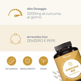 Curcuma Bio 2000 mg con Zenzero e Pepe Nero- Alta concentrazione- 120 Capsule Vegane - Integratore di Curcumina Antiossidante Naturale per Articolazioni, Digestione e Fegato - Vitavea