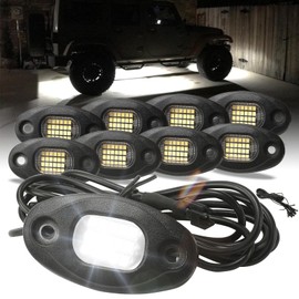 SUNPIE 8 Pods White Rock Lights – Aluminium Housing, Quick Connect, 24 High Power Chips, 4M Extension Wires, 6000K Pure White, Mounting Pads Included, IP67, Fits Trucks, SUV, ATV, UTV, Trailer