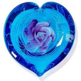 Hand Blown Glass Heart Flower Paperweight for Office Desk,Home Decor Collectible.
