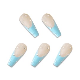 BABALAL Coffin Press on Nails Long Fake Nails Glossy Glue on Nails Pearl Acylic Nails Ballerina Green Stick on Nails for Women and Girls 24Pcs