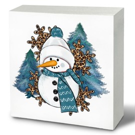 Blue Snowman Decor, Leopard Print Snowflake Snowman Christmas Wooden Box Sign, Snowman Sign, Winter Christmas Snowman Decorations for Home Bedroom Living Room Office, 5x5 Inch