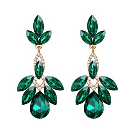 Clearine Wedding Bridal Rhinestone Teardrop Maruqise Cut Art Deco Chandelier Dangle Earrings Jewellery Set for Prom Party Emerald Gold-Tone