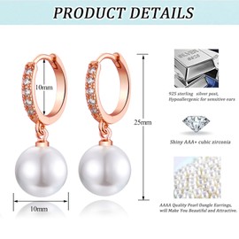 Pearl Dangle Earrings for Women, Sterling Silver Pearl Drop Hoop Earrings, Hypoallergenic Round Pearl Rose Gold Hoop Earrings with AAA+ Cubic Zirconias | Jewellery Gifts for Birthday Weeding