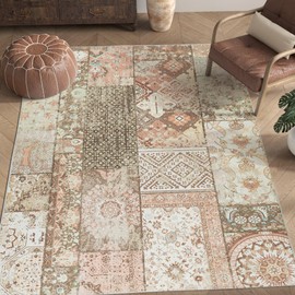 jinchan Boho Area Rug 4x6 Vintage Living Room Rug Patchwork Washable Rug Tribal Rug Indoor Floral Print Rug Decor Non Slip Soft Carpet for Bedroom Kitchen Dining Room Home Office Tan/Pink