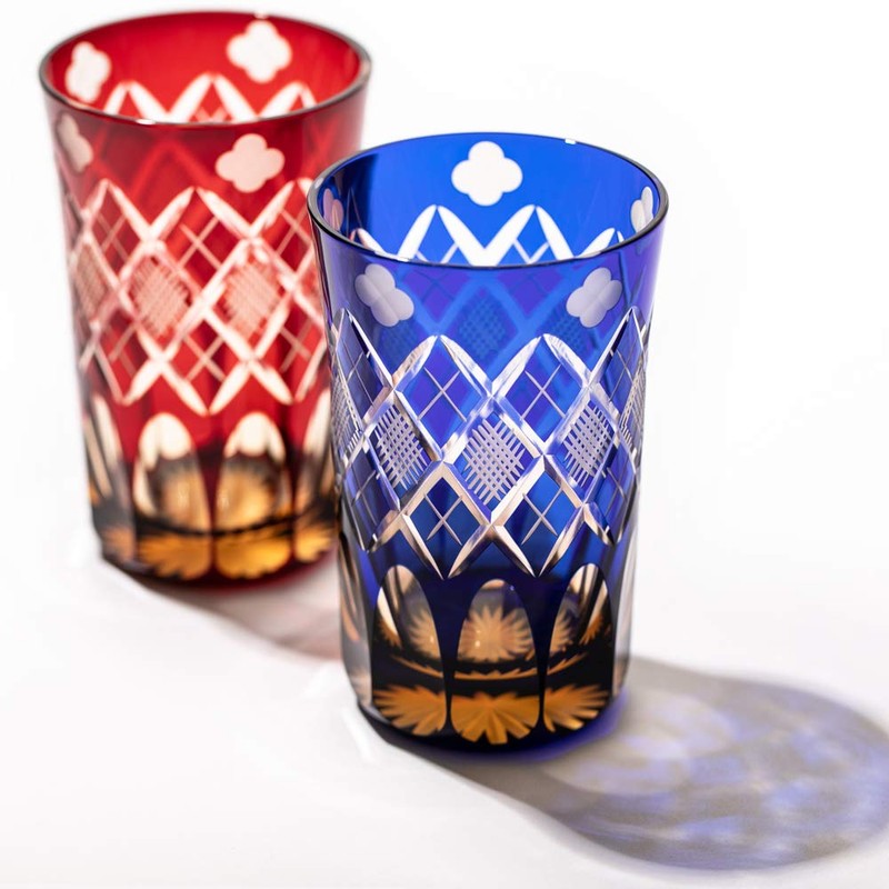 Fires 切子 4-Leaf on Clover 矢来 魚子 Tumbler Pair Stamped