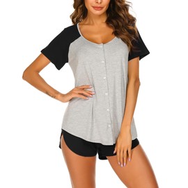 Ekouaer Women's Pajama Set Short Sleeve Sleepwear Soft Pj Set Summer Nightwear for Woman Sleep Shirts Short Pajama Bottoms 146,Light Gray Black,L