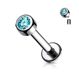 PiercedOff Titanium Labret with Internally Threaded Bezel Set Round Aqua CZ Gem - Thickness 16GA (1.2mm) / Length 8mm / Ball Size 3mm