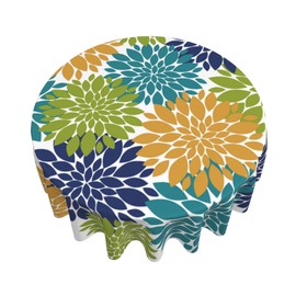 AGAYNA Summer Dahlia Tablecloth Round 60 Inch Teal Blue Yellow Green Floral Table Cloth,Stain Resistance Modern Geometry Flower Decor Table Covers for Kitchen Dining, Tablecloth for Party Picnic