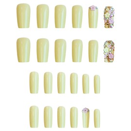 BABALAL Yellow Press on Nails Medium Square Fake Nails with Flower Charm Glue on Nails Summer Acrylic Nails Luxury Coquette False Nails 24Pcs Bling Stiletto Full Cover False Nails for Women Girls