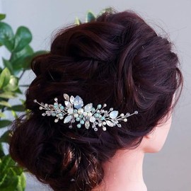 Aimimier Bridal Crystal and Pearl Hair Comb Blue Opal Back Comb Bohemian Wedding Headpiece Prom Party Festival Hair Accessories for Women