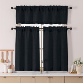 Chyhomenyc Black Kitchen Curtains 24 Inch Length, Light Filtering Faux Linen Textured Small Cafe Curtains, Rod Pocket Short Window Curtain for Cabinet Bathroom Basement RV Camper, 30Wx24L, 2PCS