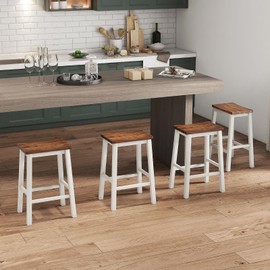 COSTWAY 24.5 Inch Bar Stools Set of 4, Solid Wood Saddle Stools w/Footrests, Industrial Counter Height Breakfast Stools for Kitchen Island, Dining Room, Living Room & Bar, Grey & Walnut