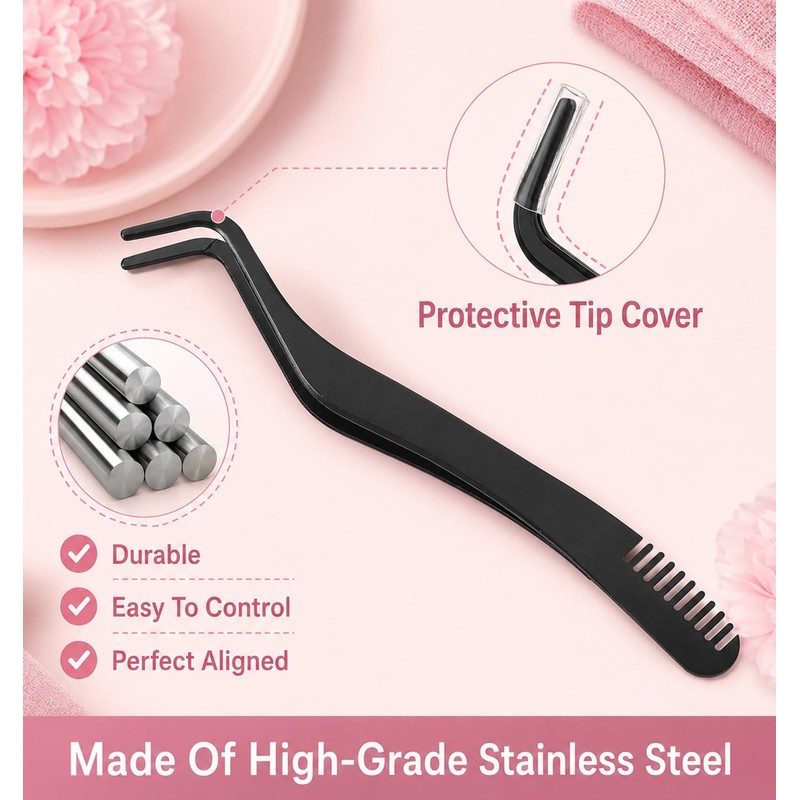 2 Pcs Eyelash Tweezers, Lash Applicator Tool with Comb for