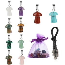 Zenkeeper 21Pcs Gemstone Pendants Necklace, Mushroom Shaped Healing Crystal Chakra Pendants Necklace, Charms Gemstones Quartz Stone with Leather Cord Chains