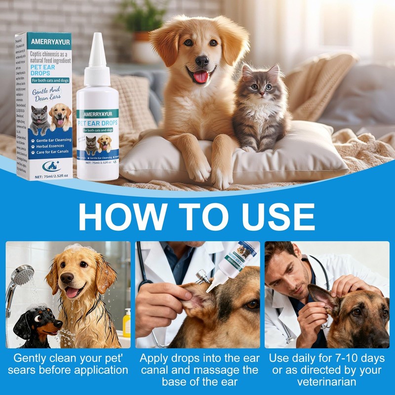 AMERRYAYUR Dog & Cat Ear Infection Treatment Drops with 1%
