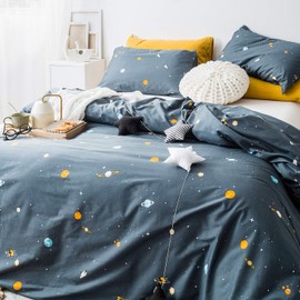 YuHeGuoJi Teal Space Duvet Cover Queen 100% Cotton 3 Pcs Set 1 Cartoon Yellow Blue Galaxy Duvet Cover with Zipper Ties 2 Pillowcases Modern Celestial Planet White Stars Bedding Set Soft