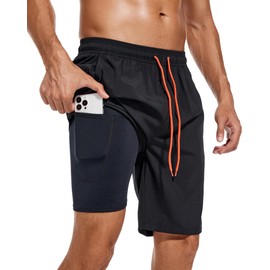 difficort Mens Swim Trunks Quick Dry Bathing Suit 9 inch Inseam Board Shorts with Compression Liner and Zipper Pocket,Black,X-Large