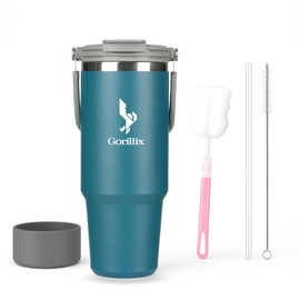 Gorillix 40oz Tumbler with Handle, Stainless Steel Vacuum Insulated Water Bottle, Double Wall, Leak-Proof, BPA-Free, Silicone Boot, Cleaning Brushes, Large Capacity Travel & Hiking Mug. (BLUE)