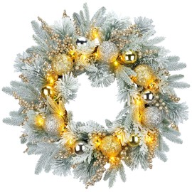 YULETIME 24" Christmas Wreath, Artificial Holiday Wreath with Baubles, Berries, Leaves, Spruce Branches, Snowy Pine Needles (Gold Bauble)
