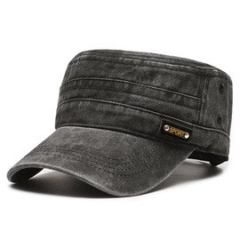 RUNQIU Military Design Solid Work Cap Retro Denim Military Cap Cotton Washed Fabric All Season Adjustable Size, Black, 56 to 60 cm