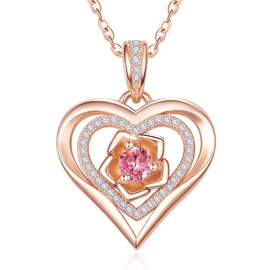 Zeuslia Rose Herz Anhänger mit Geburtsstein Oktober Silber 925 Turmalin Kette Rosegold Halskette Jahrestag Hochzeit Schmuck Geschenke für Sie