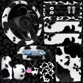 JINGSEN11 Pieces Fluffy Car Accessories Set,Fluffy Cow Print Plush Steering Wheel Covers for Women Soft Fleece Handbrake Cover Shift Cover Car Trim Warm Non-Slip (Black)