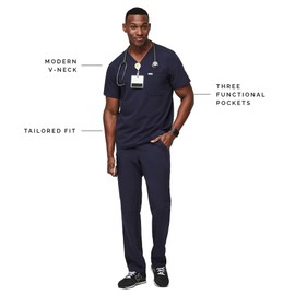 FIGS Leon Scrub Top for Men – 3 Pockets, Tailored Fit, Modern V-Neck, 4-Way Stretch, Moisture-Wicking Men's Scrubs, Navy Blue, Medium