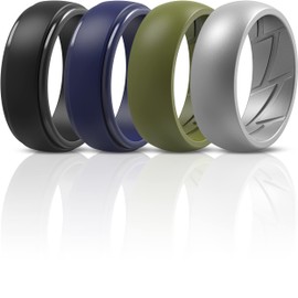 ThunderFit Silicone Wedding Rings for Men, Step Edge and Breathable 4 Mixed Rubber Engagement Bands (Olive Green, Silver C, Black, Dark Blue B - Size 13.5-14 (23mm))