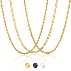 Esmoly 3 Men's Necklaces Silver Gold Black 316L Stainless Steel Chain 2/3/4/5/6 mm Curb Chain Cuban Chain Cord Chain Gifts for Men Boys Christmas Gift 45/50/55/60 cm, Stainless Steel, No Gemstone