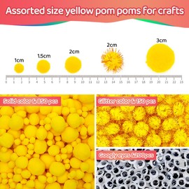 Iooleem Yellow Pom Poms, 1200pcs Assorted Size Pompoms,Pom Poms for Arts and Crafts, Pom Pom Balls with Wiggle Eyes in jar, Glitter Pom Poms, Craft Supplies.