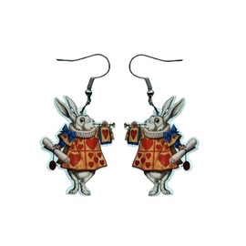 Bonito par de arete de conejo blanco de Alicia en el país de las maravillas de estilo clásico para mujeres, adolescentes, cosplay y mucho más. Divertido par de aretes colgantes de conejo blanco para