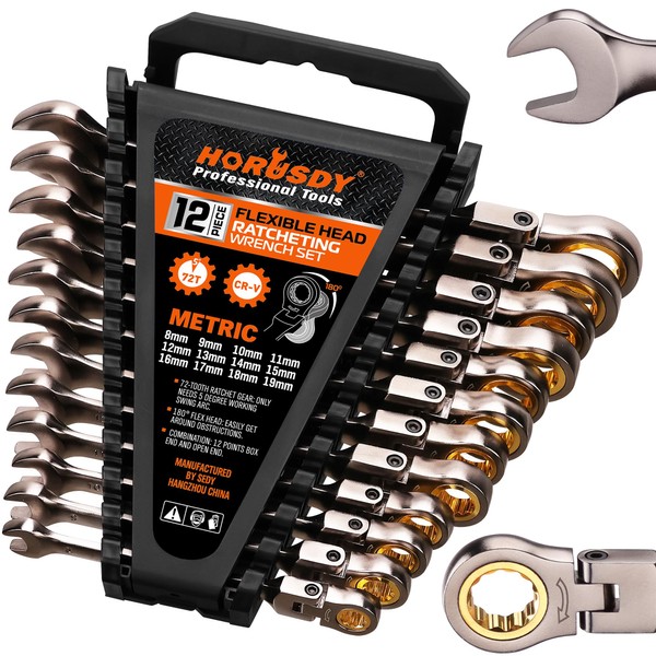 HORUSDY 12-Piece Metric Flex-Head Ratcheting Wrench Set Set with Organizer | 8-19 mm Ratchet Combination Wrenches Set | 72-Teeth | Chrome Vanadium Steel