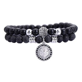 Lisandra Scott Double Bracelet Made of Volcanic Rock with Lion Head and Natural Stone Beads for Men Made of Stainless Steel I Bracelet Adjustable with Lion and Beads Bracelets Men Jewellery, One size,