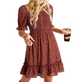 Dokotoo Summer Dresses for Women Ladies Short Sleeve Floral Spring Dresses for Women 2025 Casual High Waist Beach Bohomian Cute Babydoll Mini Dress Womens Fashion Sun Dress Brown Medium
